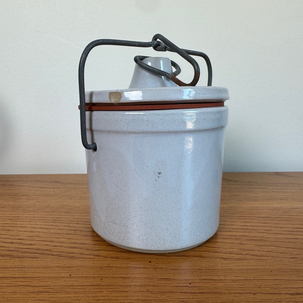 Vintage Gray Stoneware Crock with Wire‎ Bail Lid and Rubber Gasket